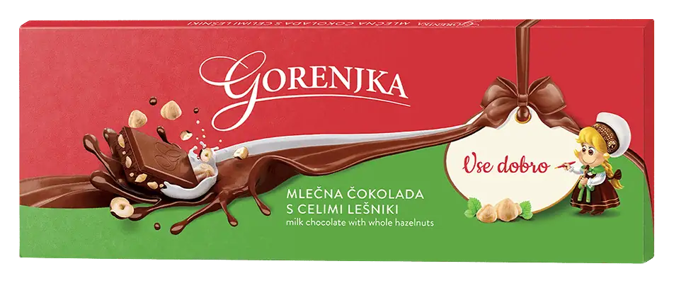Gorenjka Mlečna čokolada s celimi lešniki, velika tablica