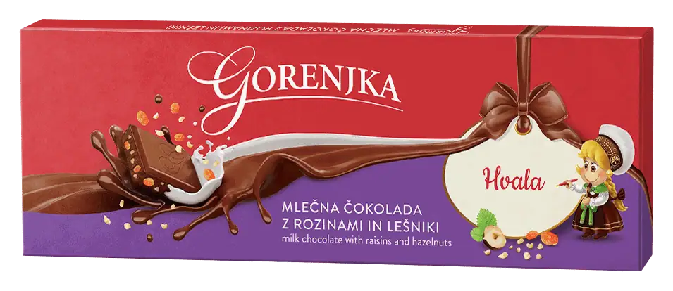 Gorenjka Mlečna čokolada z rozinami in lešniki 250 g